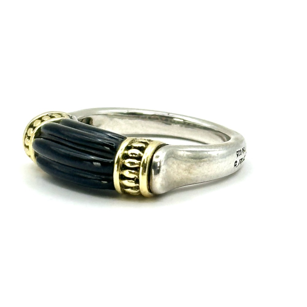 Lagos Caviar Fluted Black Onyx , Silver &18 Kt  Gold Ring Size 7 - Picture 2 of 10